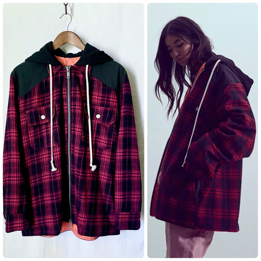 Free People Daniel Patrick Red/Black Plaid Flannel Full-Zip Hoodie Bomber Jacket